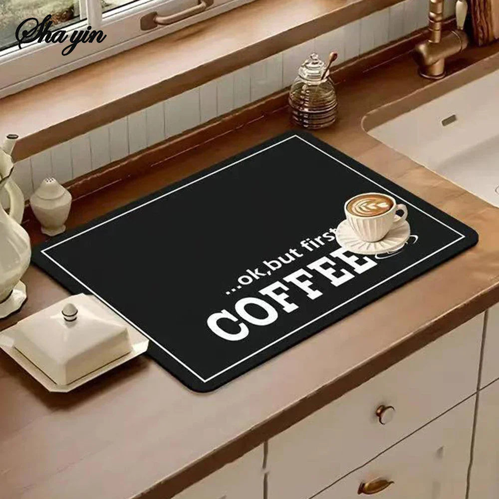 1pc black letter Coffee printed coffee machine mat modern minimalist style kitchen counter quick water absorption drying mat
